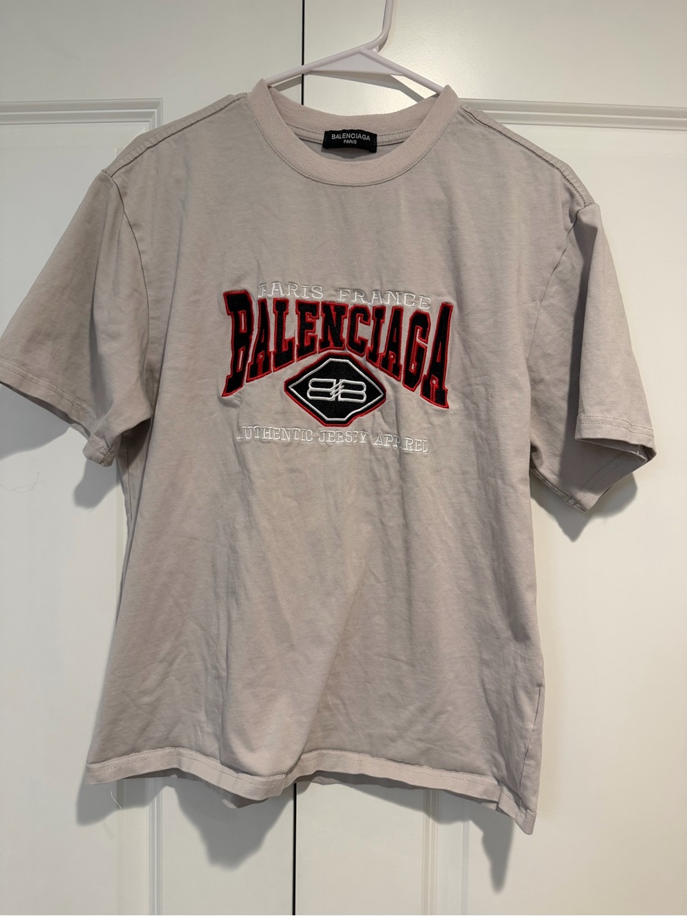 Balenciaga Men’s Embroidered Logo Crewneck — Light Beige with Red & Black